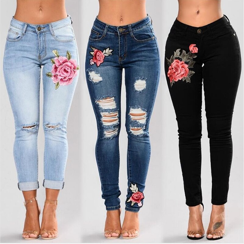 Stretch Embroidered Jeans For Wome..