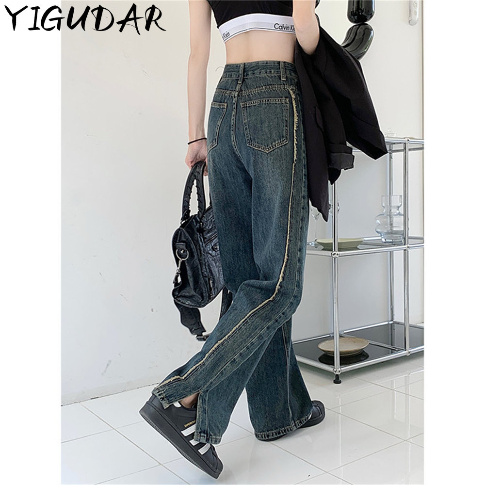 Y2k Blue Jeans Woman High Waist Fe..