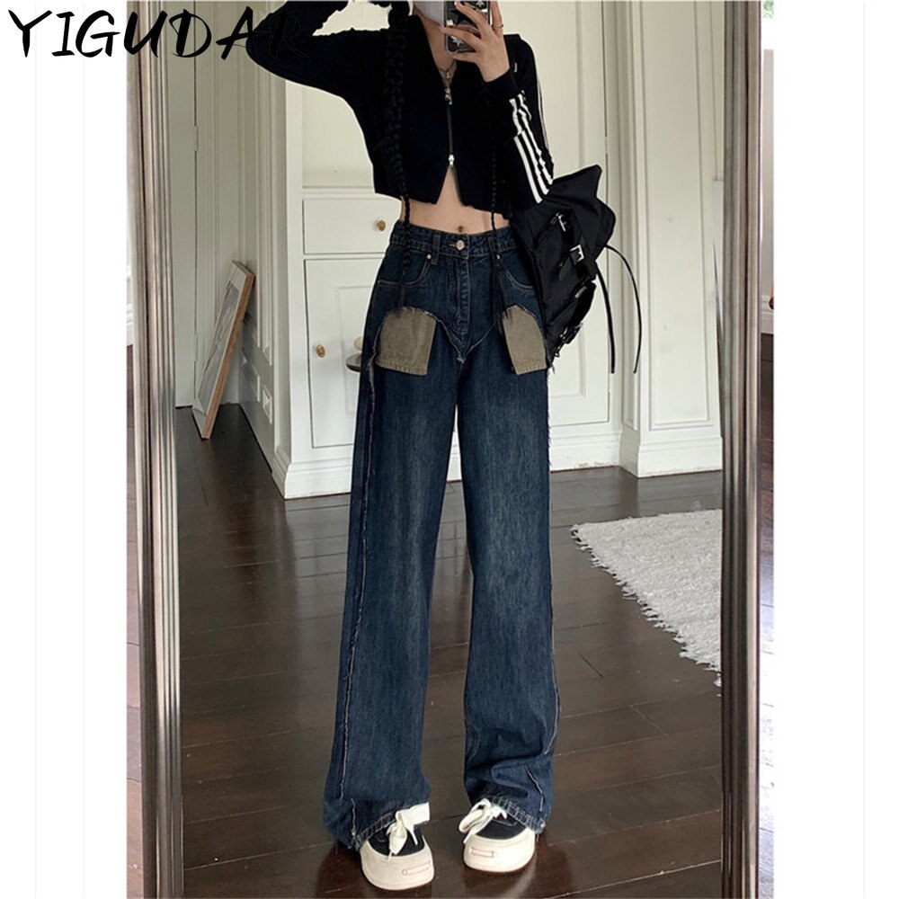 Y2k Blue Jeans Woman High Waist Fe..