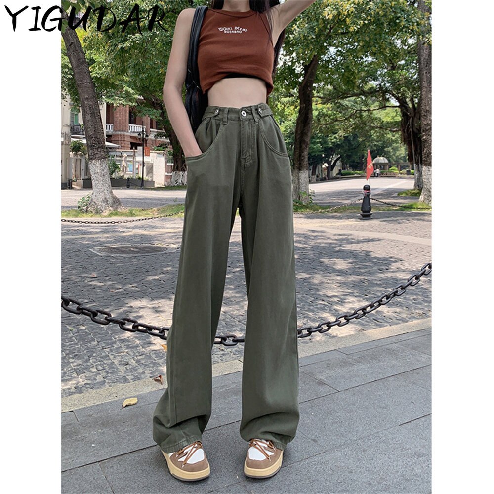 Women Army Green Cargo Jeans Vinta..